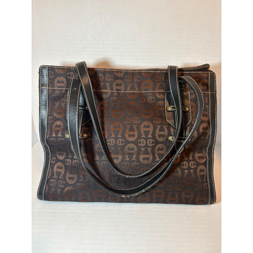 Etienne Aigner Signature Jacquard Logo Tote Bag Brown Black Leather Trim - Picture 3 of 8